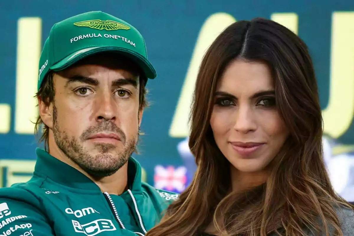 Fernando Alonso amb uniforme verd i gorra d'Aston Martin amb Melissa Jiménez amb cabell solt.