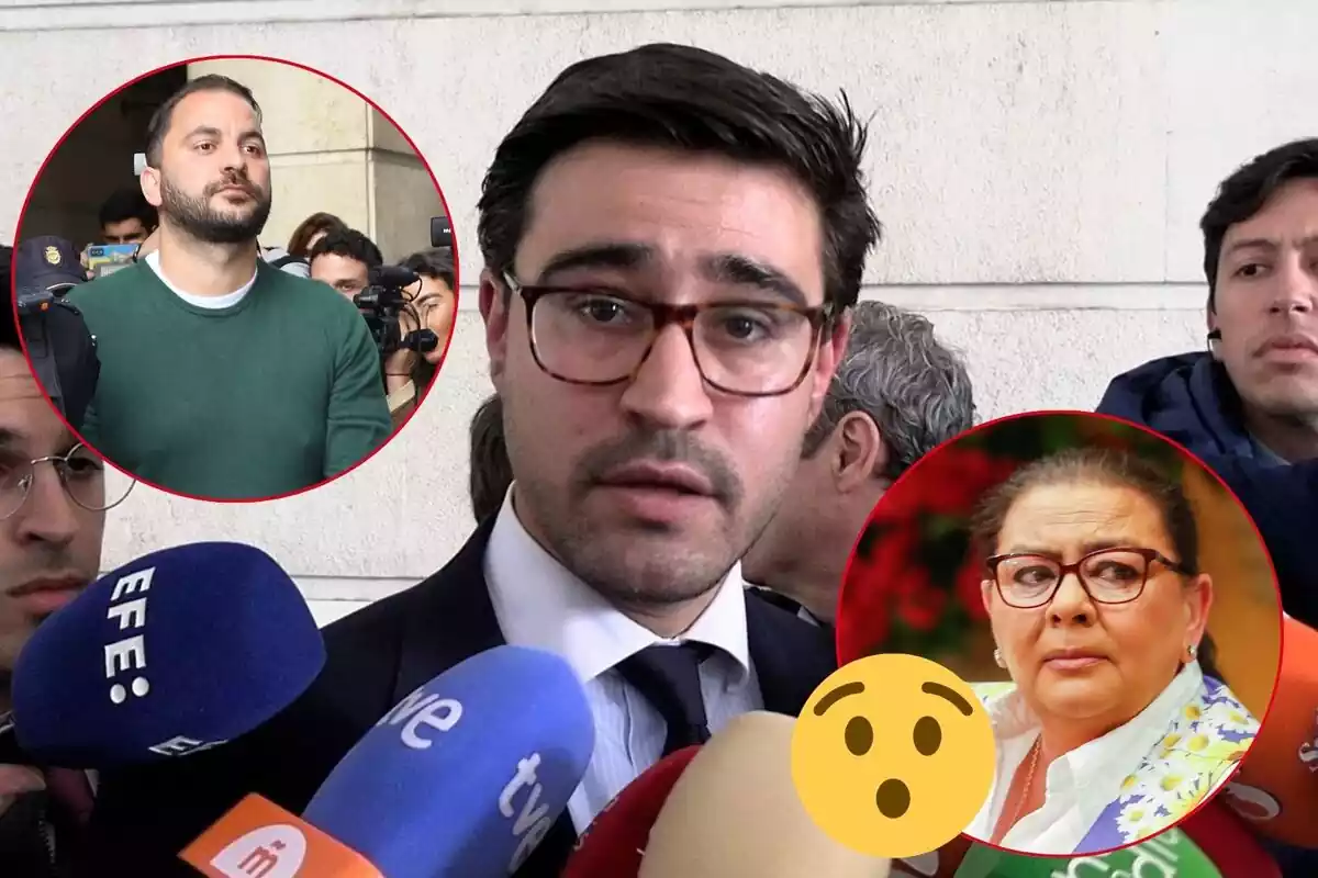 Muntatge de Fernando Velo parlant davant d'uns micròfons, Antonio Tejado seriós amb jersei verd, María del Monte plorant amb ulleres vermelles i un emoji de sorpresa