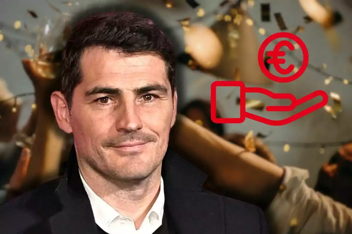 Íker Casillas amb jaqueta negra apareix en primer pla, mentre que al fons hi ha una celebració amb confeti i copes, a més d'una icona vermella d'una mà sostenint un símbol d'euro.