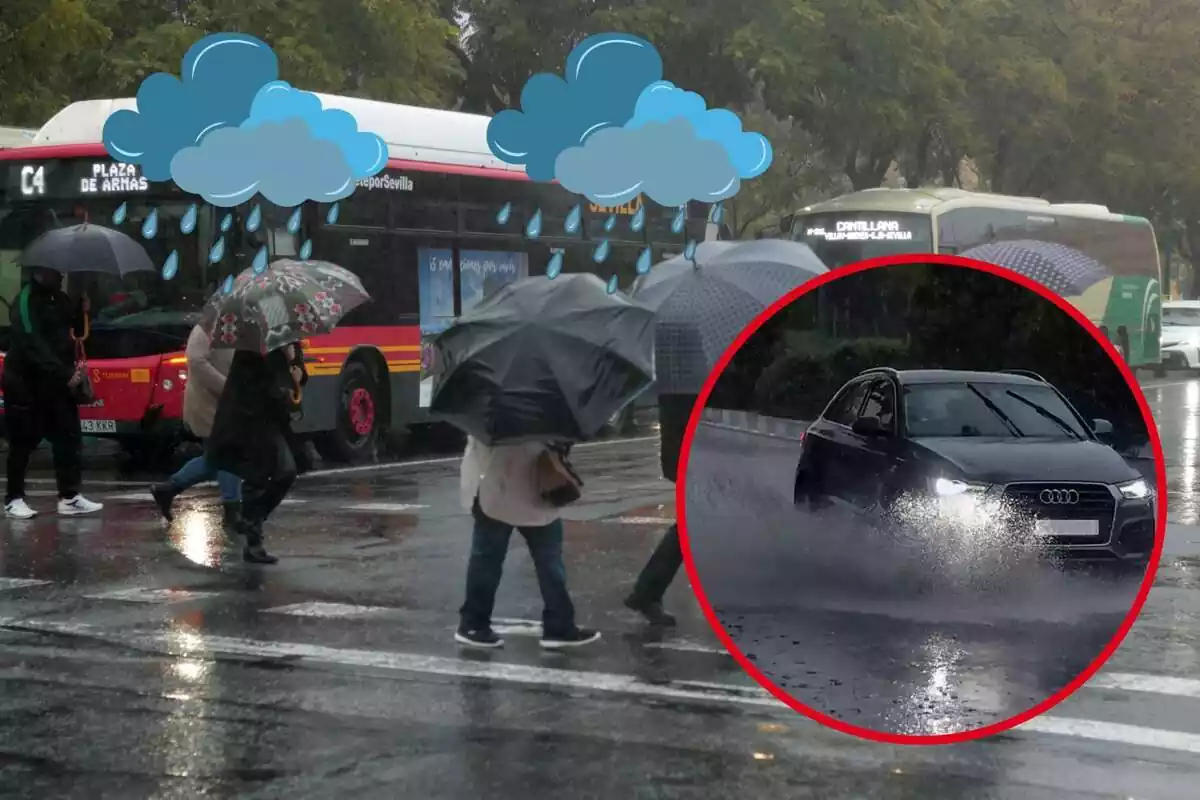 Diverses persones caminen amb el paraigua obert, sobre uns logos de pluja, i al cercle, un cotxe sobre una carretera mullada Diverses persones caminen amb el paraigua obert, sobre uns logos de pluja, i al cercle, un cotxe sobre una carretera mullada