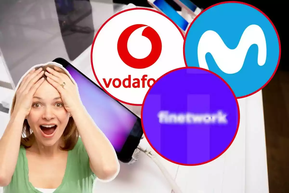 Una dona amb expressió de sorpresa se sosté el cap amb les mans, mentre que al fons es veuen els logotips de Vodafone, Movistar i Finetwork.