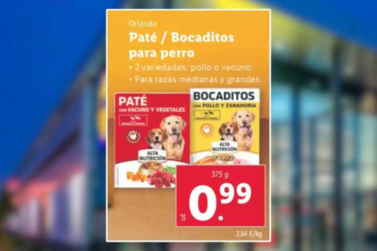 Anunci de menjar per a gossos de la marca Orlando que ofereix paté i bocinets en dues varietats: vedella amb vegetals i pollastre amb pastanaga, dissenyat per a races mitjanes i grans, amb un preu de 0,99 euros per 375 grams. Anunci de menjar per a gossos de la marca Orlando que ofereix paté i bocinets en dues varietats: vedella amb vegetals i pollastre amb pastanaga, dissenyat per a races mitjanes i grans, amb un preu de 0,99 euros per 375 grams.