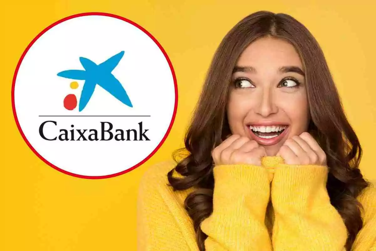 Dona somrient amb jersei groc mira emocionada cap al logotip de CaixaBank sobre fons groc