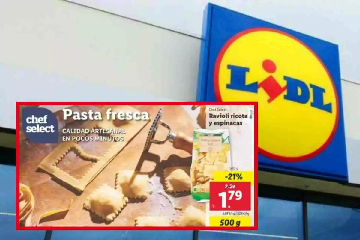 Imagen de una promoción de pasta fresca de la marca Chef Select en un supermercado Lidl, destacando raviolis de ricota y espinacas con un descuento del 21% y un precio de 1.79 euros por 500 gramos. Imagen de una promoción de pasta fresca de la marca Chef Select en un supermercado Lidl, destacando raviolis de ricota y espinacas con un descuento del 21% y un precio de 1.79 euros por 500 gramos.