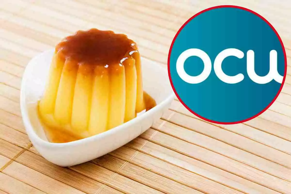 Postres de flam amb caramel en un plat blanc al costat d'un logotip circular blau amb lletres blanques de l'OCU sobre una superfície de bambú. Postres de flam amb caramel en un plat blanc al costat d'un logotip circular blau amb lletres blanques de l'OCU sobre una superfície de bambú.