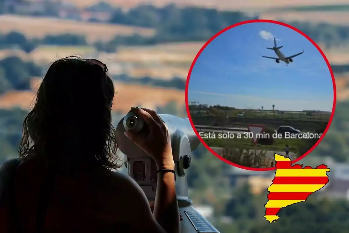 Muntatge amb foto de fons d´una dona mirant cap a l´horitzó en un mirador amb una foto petita del lloc i un mapa de Catalunya amb la bandera