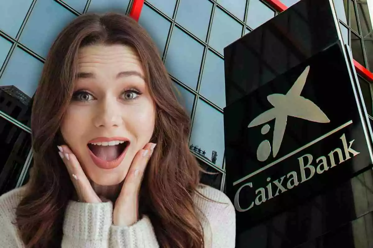 Una dona amb expressió de sorpresa davant d'un edifici amb el logotip de CaixaBank.