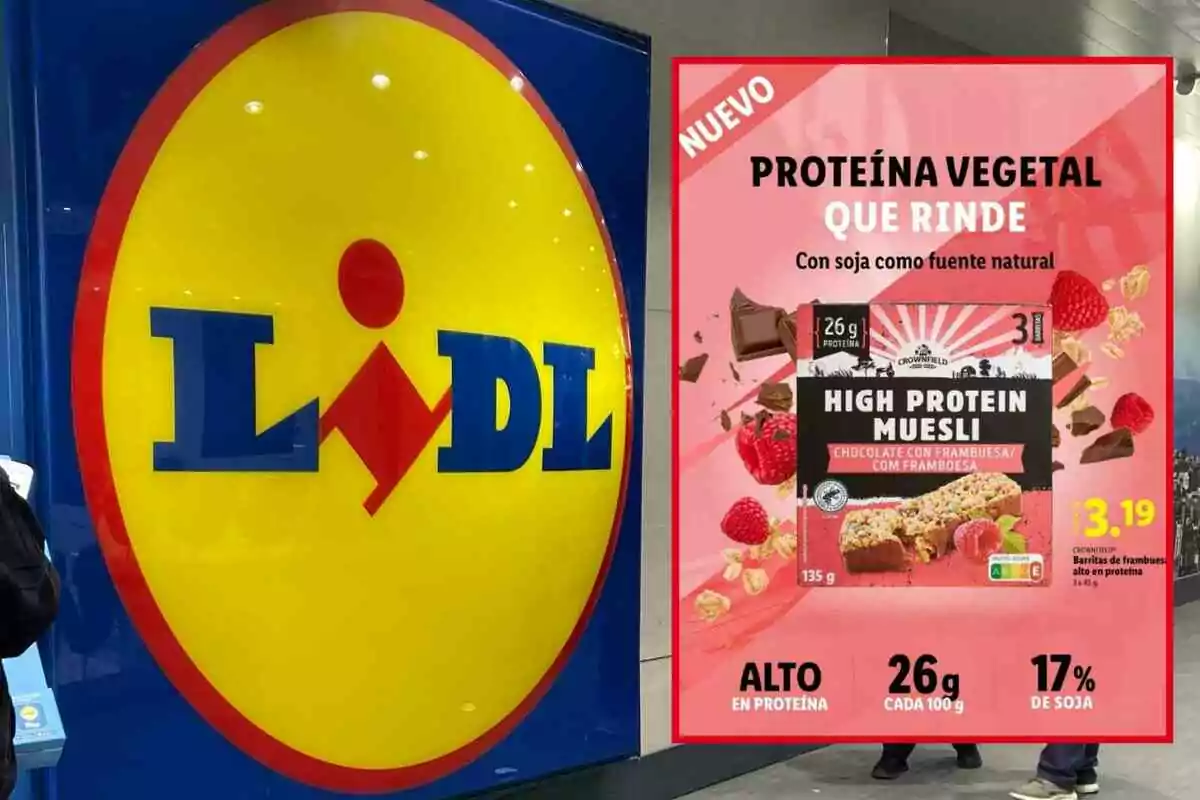 A promotional poster from a supermarket features a high plant-protein muesli product with chocolate and raspberry, highlighting its soy content as a natural source and its price. A promotional poster from a supermarket features a high plant-protein muesli product with chocolate and raspberry, highlighting its soy content as a natural source and its price.