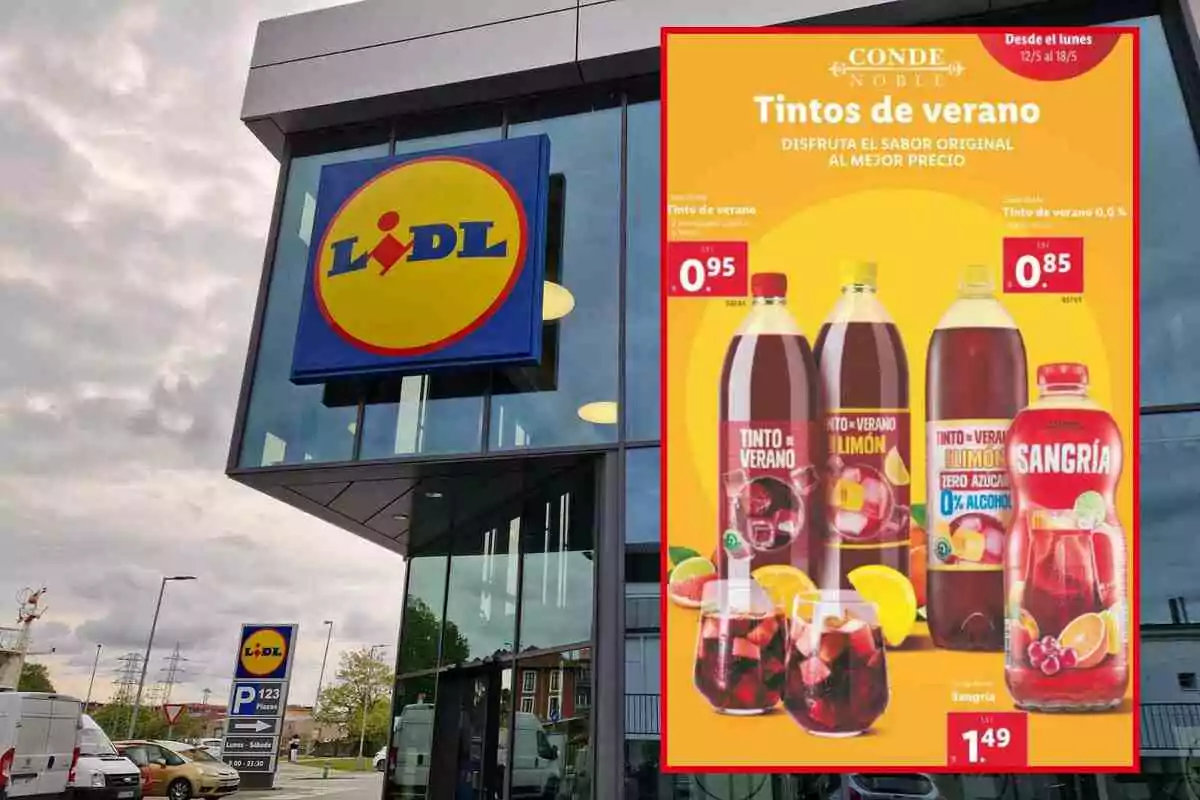 A Lidl billboard shows an offer for Conde Noble brand summer red wine and sangria with highlighted prices in front of a store entrance. A Lidl billboard shows an offer for Conde Noble brand summer red wine and sangria with highlighted prices in front of a store entrance.
