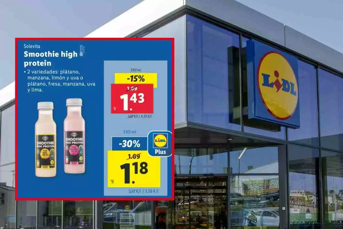 La imagen muestra una oferta de smoothies de alta proteína de la marca Solevita en un supermercado Lidl, con dos variedades de sabores y descuentos en el precio, junto a la fachada del establecimiento.