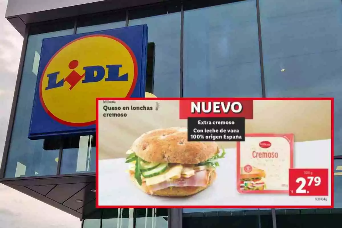 Un cartel publicitario de Lidl muestra un nuevo queso en lonchas cremoso de origen español, con un precio de 2,79 euros. Un cartel publicitario de Lidl muestra un nuevo queso en lonchas cremoso de origen español, con un precio de 2,79 euros.