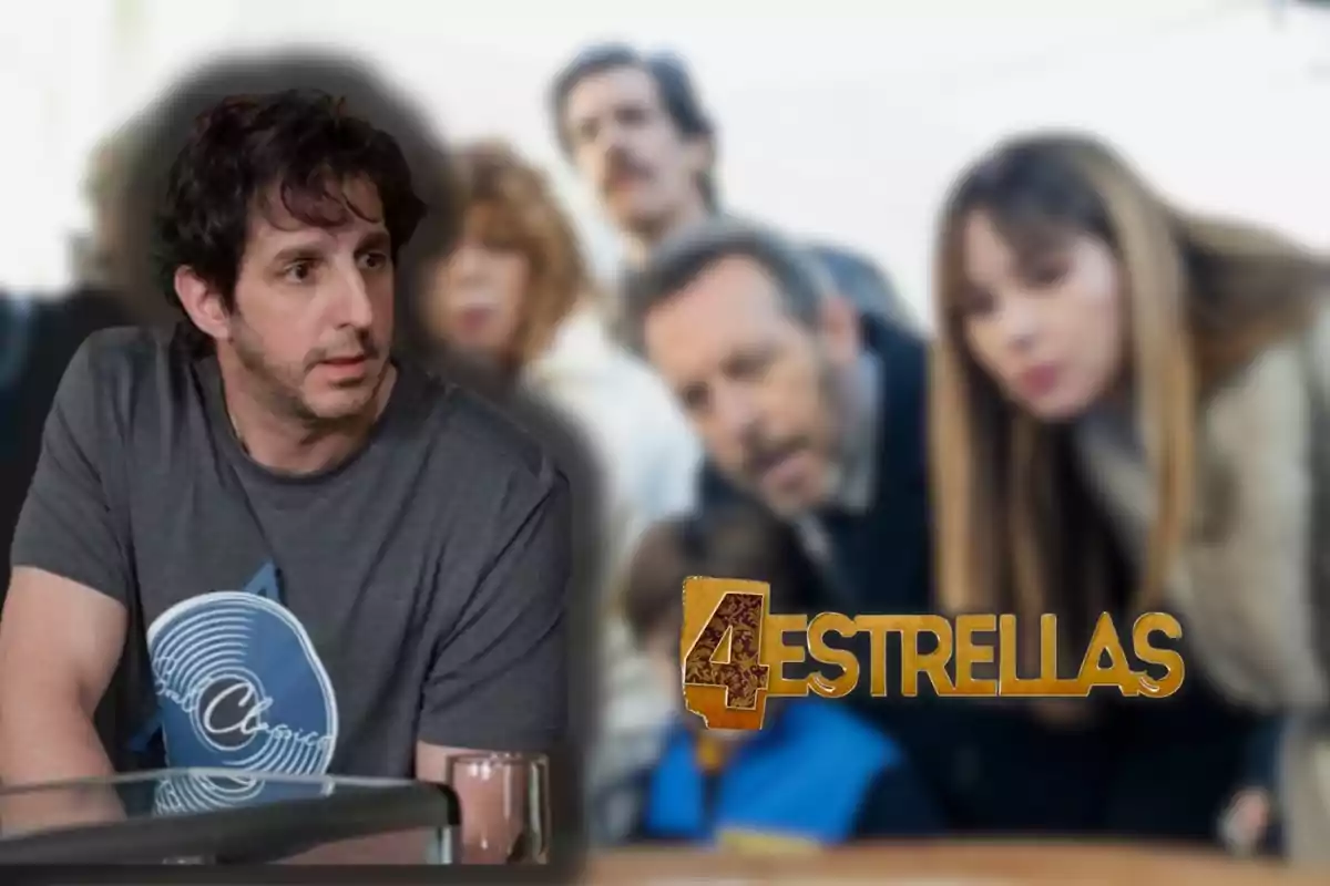 Muntatge sobre la sèrie '4 estrellas' amb Guillermo Ortega, interpretant Paco, el logo de la ficció i de fons una imatge desenfocada de diversos personatges