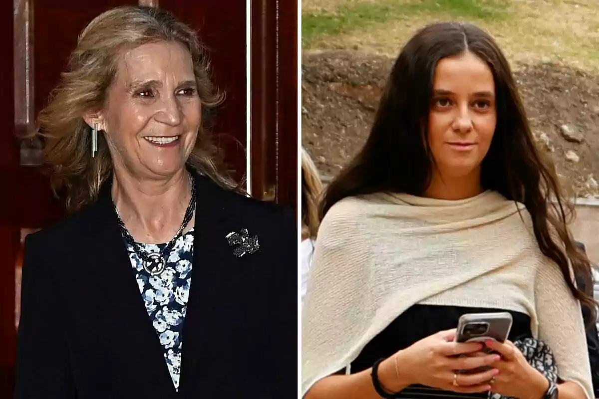 Muntatge amb la foto de la Infanta Elena al costat esquerre i Victoria Federica al costat dret, ambdues somrient i Victoria amb el mòbil a les mans
