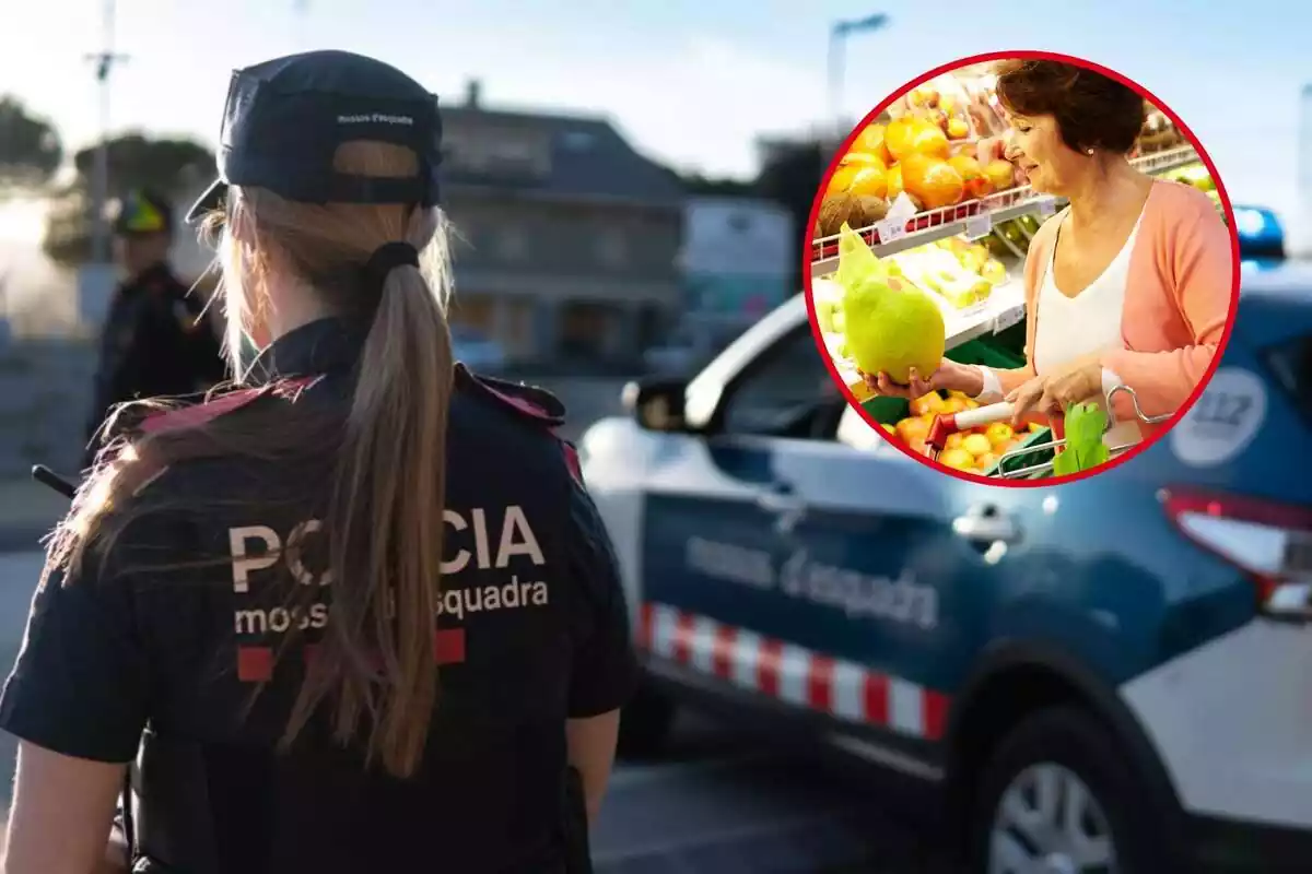 Muntatge fotogràfic entre una imatge d'una agent dels Mossos d'Esquadra i una dona comprant al supermercat