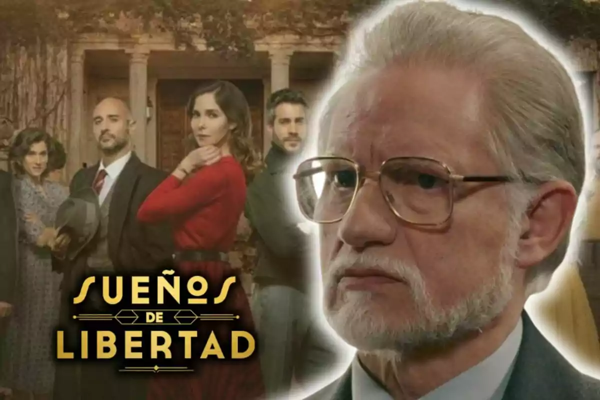 Un grup de persones posant davant d'un edifici amb el títol "Sueños de Libertad" a la part inferior i una imatge de l'actor Nancho Novo interpretant Damián amb rostre seriós en primer pla.