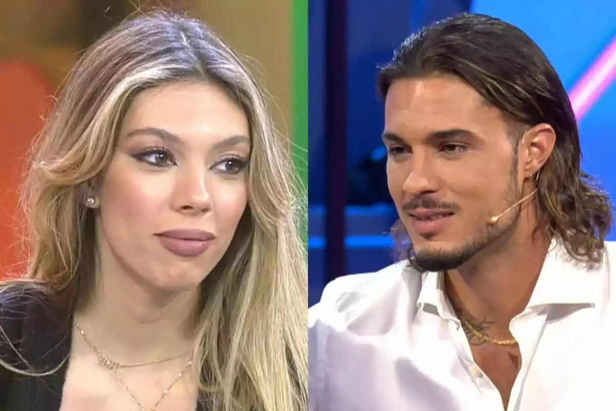 Muntatge de fotos d'Alejandra Rubio i Carlo Costanzia en primer pla asseguts en un plató de televisió.