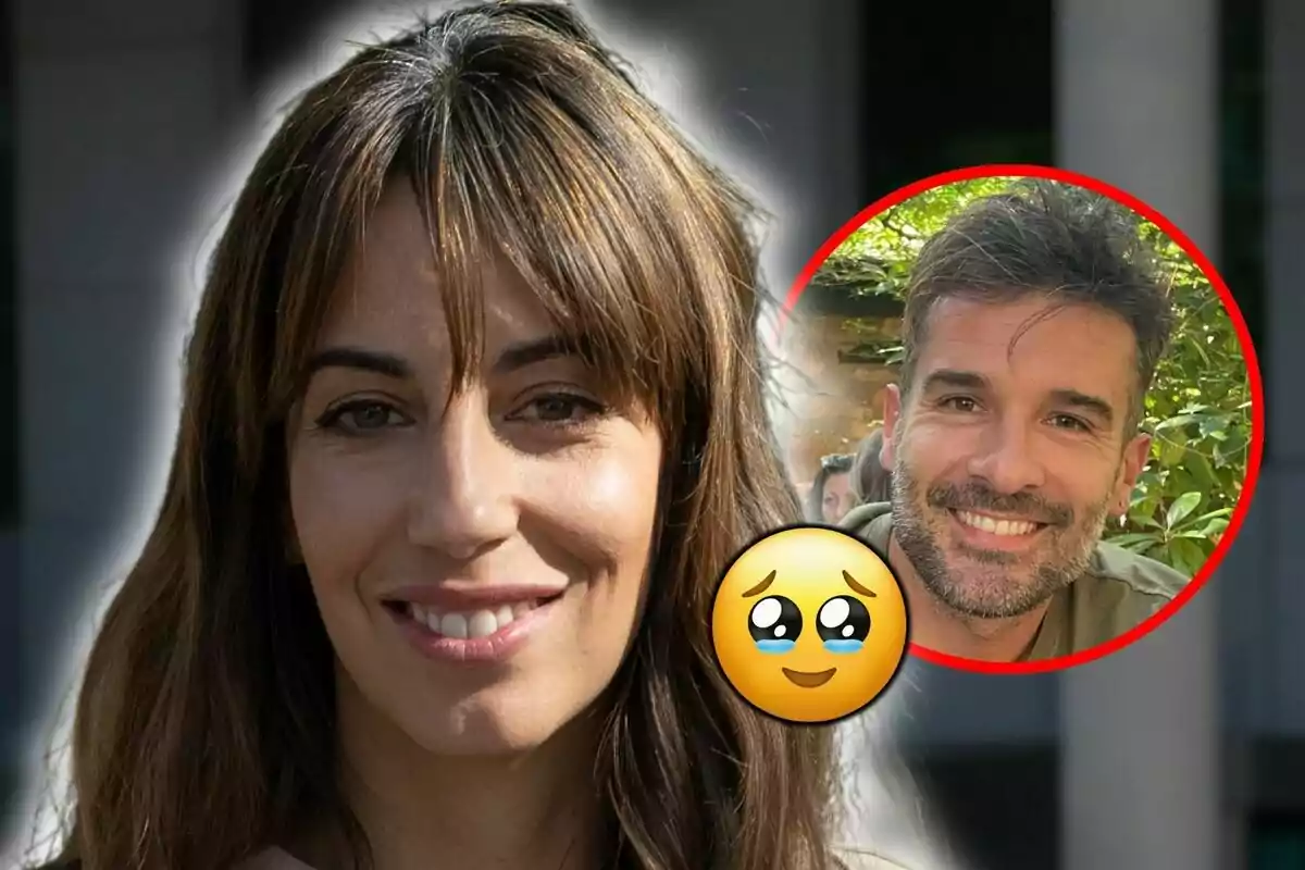 Almudena Cid somrient en primer pla amb la imatge de Gerardo Berodia somrient en un cercle vermell i un emoji de careta plorant de felicitat superposat.