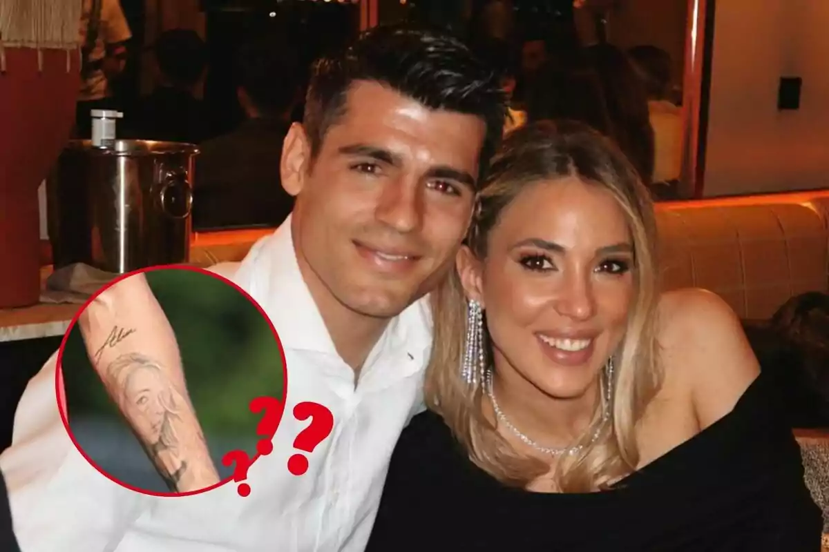 Muntatge de fotos d'Álvaro Morata i Alice Campello junts amb una imatge circular del tatuatge d'Álvaro amb la cara d'Alice amb uns interrogants.