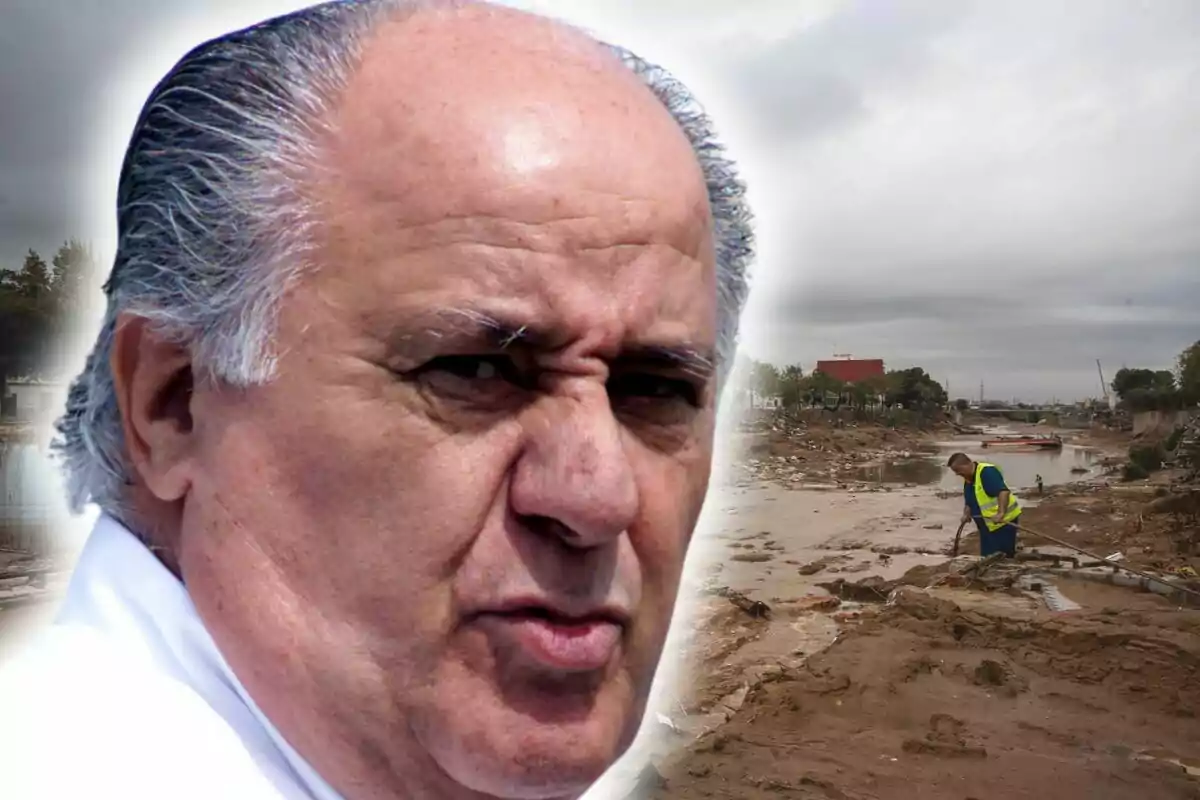 Amancio Ortega amb expressió seriosa en primer pla i al fons una escena de neteja en una zona afectada per inundacions.