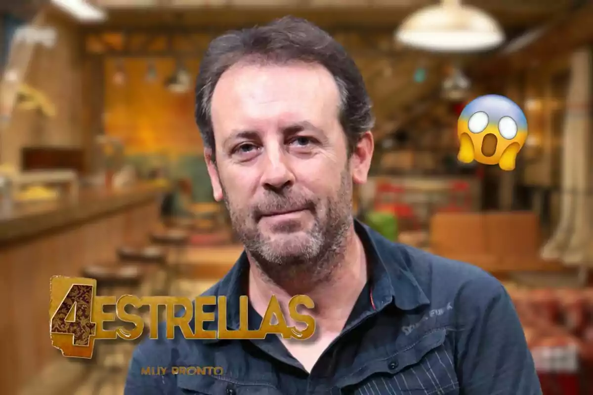 Muntatge de fotos de l'actor Antonio Molero en primer pla mirant a càmera amb el logo de la sèrie '4 estrellas' i una emoticona de sorpresa.