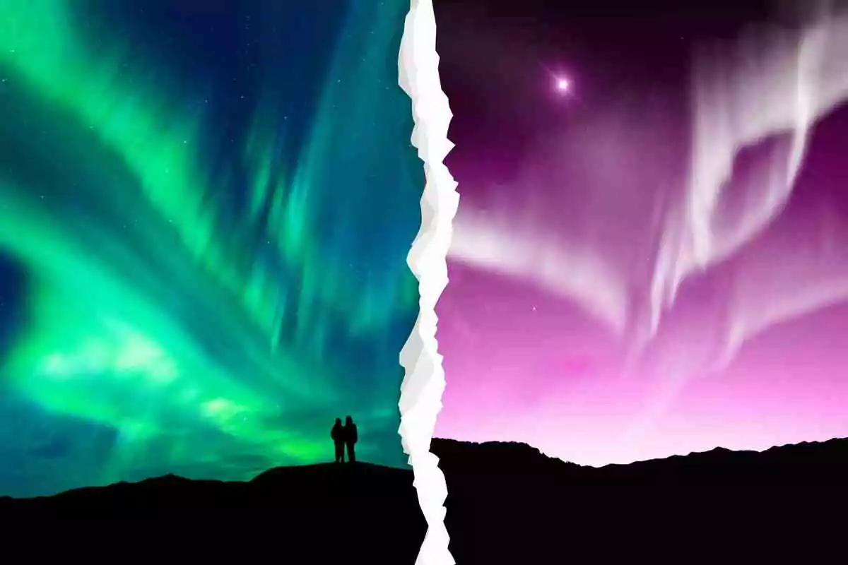 An image split into two halves showing green-toned northern lights on the left and purple ones on the right with silhouettes of people watching the phenomenon. An image split into two halves showing green-toned northern lights on the left and purple ones on the right with silhouettes of people watching the phenomenon.