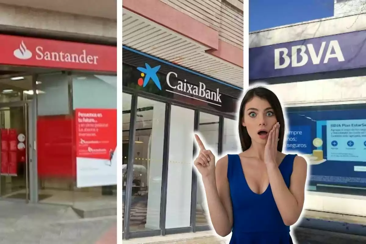 Una dona sorpresa davant de les façanes dels bancs Santander, CaixaBank i BBVA.