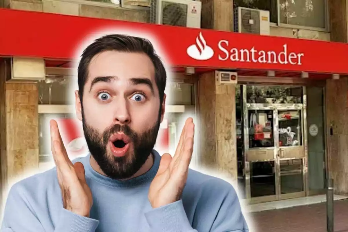 Home sorprès davant d'una sucursal del Banco Santander amb rètol vermell darrere.