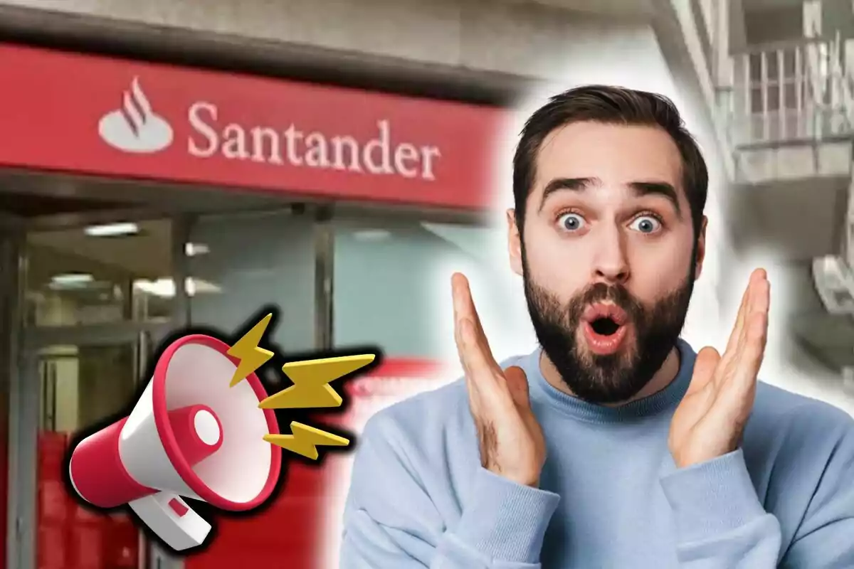 Un home sorprès davant d'una sucursal del Banco Santander amb un emoji de megàfon al costat.