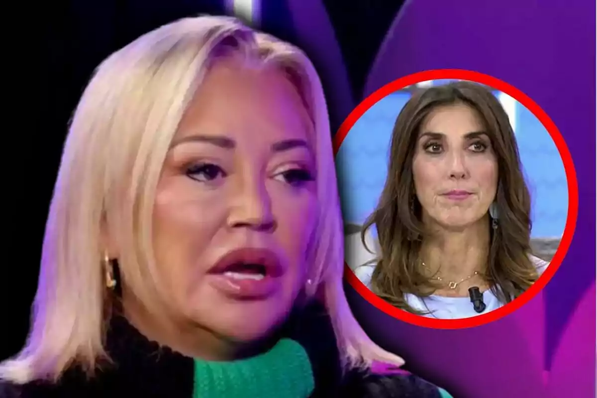 Dues dones en un programa de televisió, Belén Esteban en primer pla i Paz Padilla en un requadre circular.