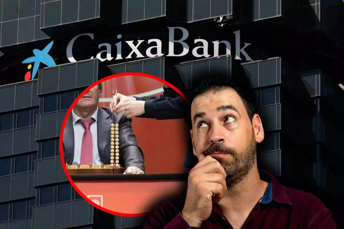 Un hombre pensativo frente a un edificio de CaixaBank con una imagen superpuesta de una persona usando un ábaco a raíz del sorteo de la lotería de Navidad.