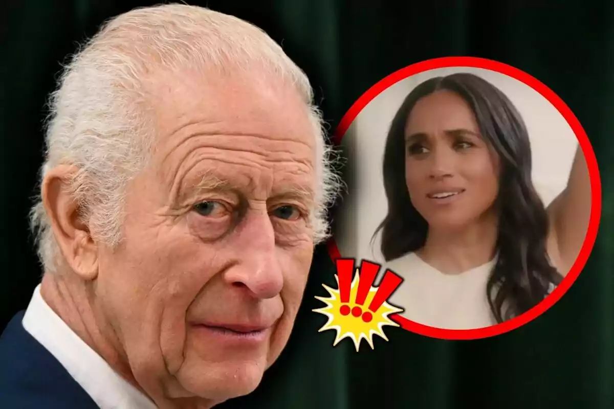 Close-up photo montage of King Charles III with a serious face and Meghan Markle next to him with a neutral face.