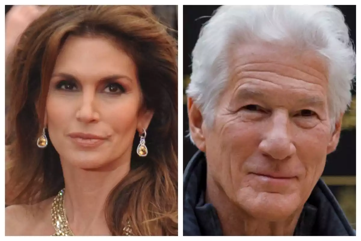 Photo montage of Cindy Crawford and Richard Gere, both with a half-smiling face. Photo montage of Cindy Crawford and Richard Gere, both with a half-smiling face.