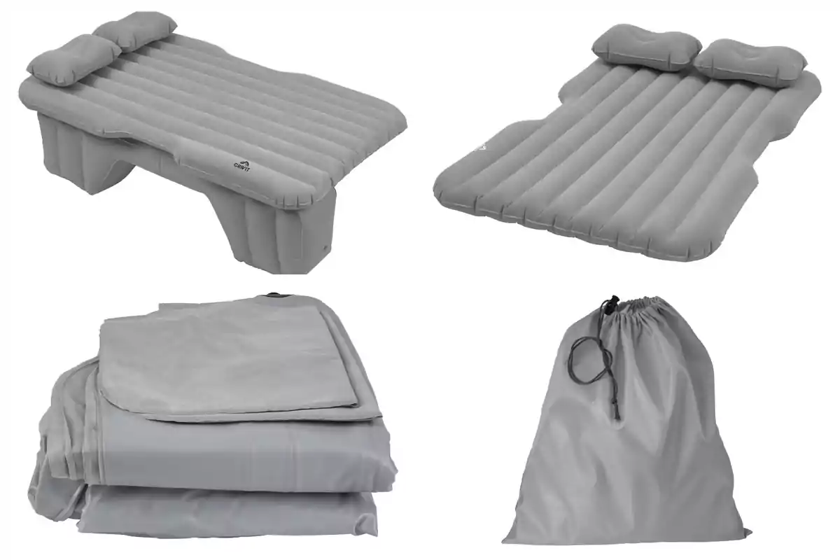 Matalàs inflable gris amb coixins integrats de Lidl, mostrat en diferents configuracions i acompanyat d'una bossa d'emmagatzematge. Matalàs inflable gris amb coixins integrats de Lidl, mostrat en diferents configuracions i acompanyat d'una bossa d'emmagatzematge.