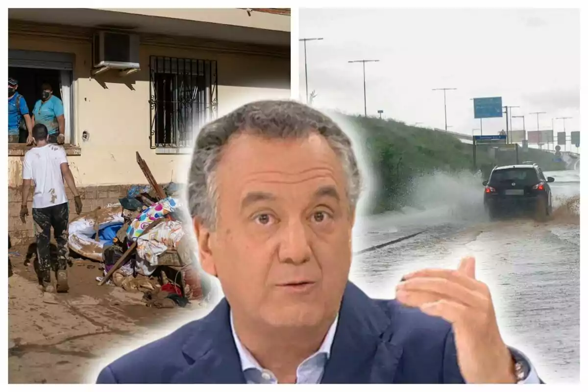 Roberto Brasero parlant en un estudi de televisió amb imatges de fons que mostren una casa afectada per inundacions i un cotxe conduint per una carretera inundada.