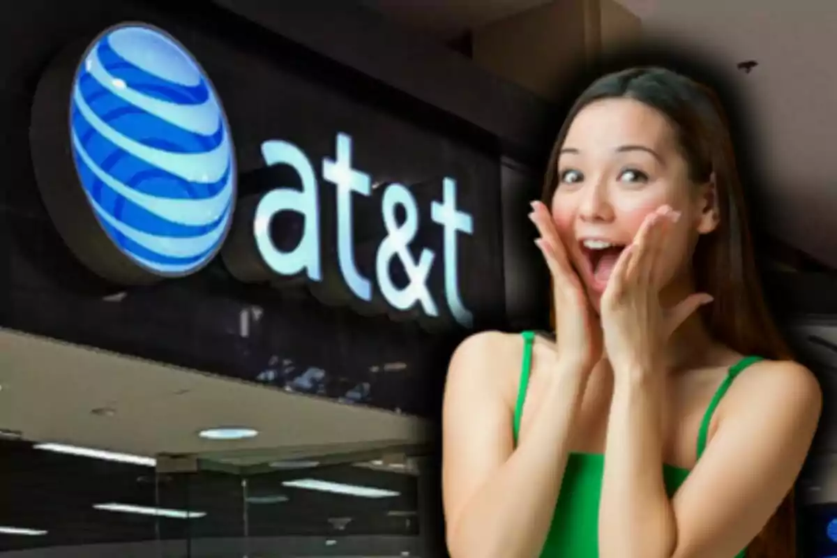 A person with a surprised expression in front of a sign from a well-known U.S. telecommunications company, AT&T.