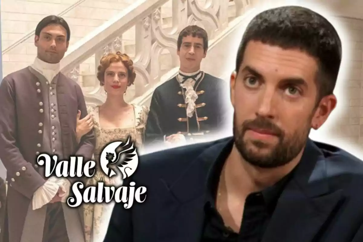 Imatge promocional de la sèrie "Valle Salvaje" que mostra tres personatges vestits amb vestits d'època i David Broncano amb rostre seriós en primer pla.