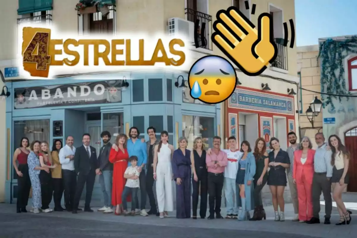 Imatge promocional de la sèrie "4 Estrelles" amb l'elenc complet posant davant d'una pastisseria i una barberia, acompanyats d'emojis.