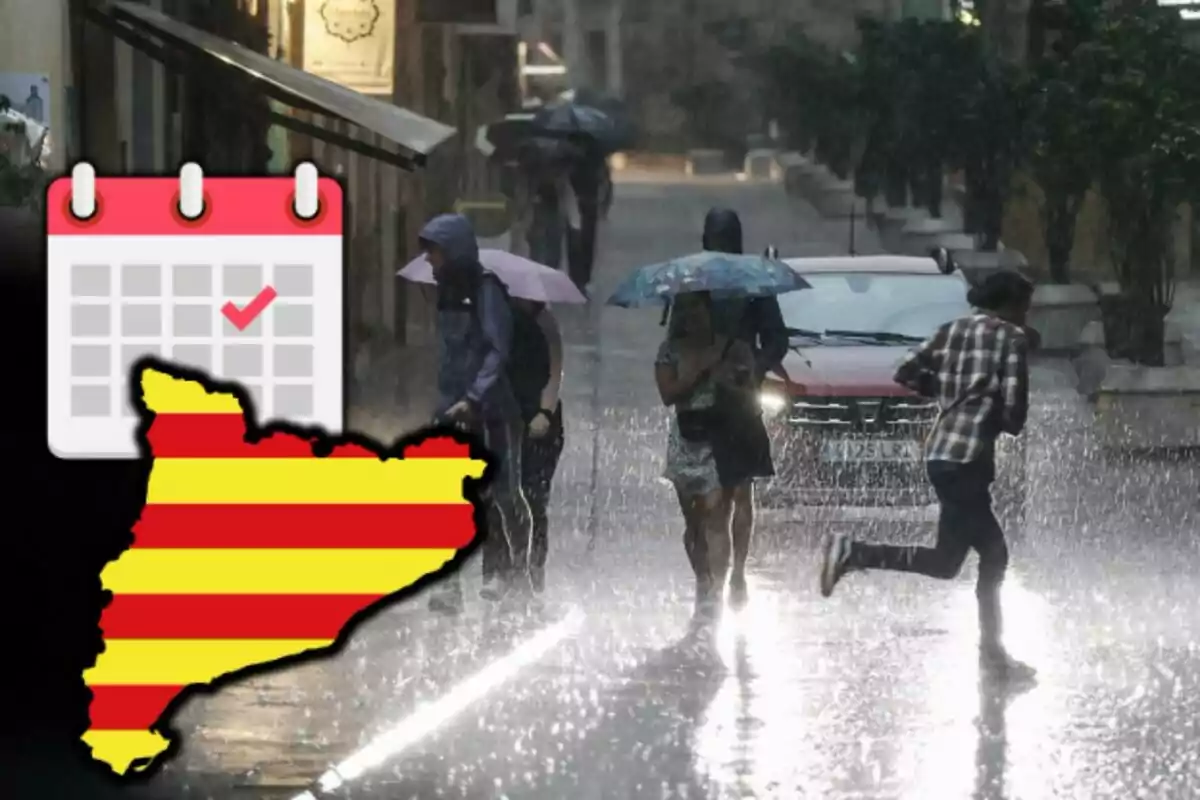 Persones caminant sota la pluja amb paraigües a un carrer, al costat d'un calendari i un mapa de Catalunya. Persones caminant sota la pluja amb paraigües a un carrer, al costat d'un calendari i un mapa de Catalunya.