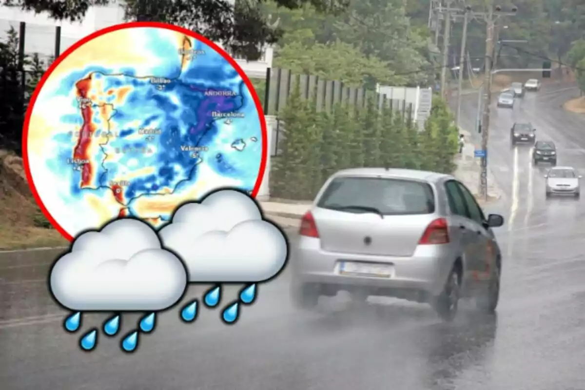 Un cotxe circula per una carretera mullada mentre es mostra un mapa meteorològic amb núvols i gotes de pluja indicant precipitacions.