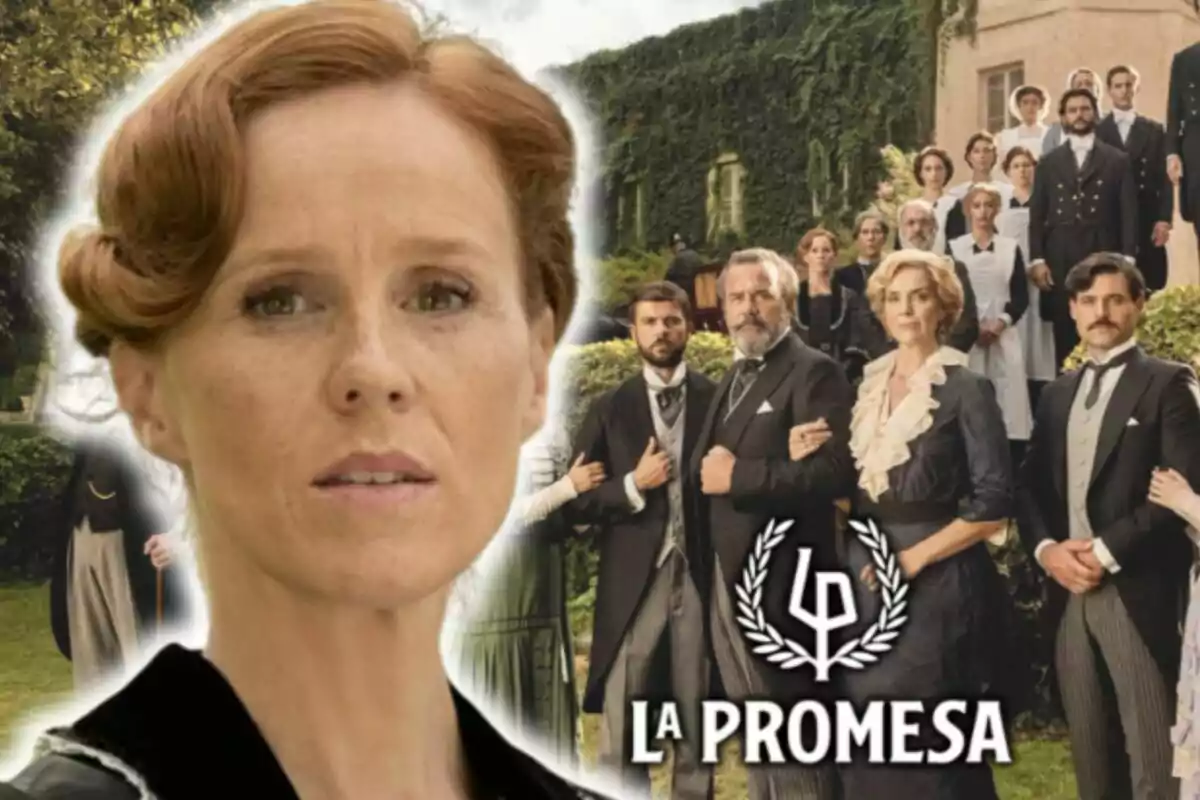 Imatge promocional de la sèrie "La Promesa" que mostra l'actriu María Castro en primer pla i un grup de persones al fons, tots vestits amb roba d'època.