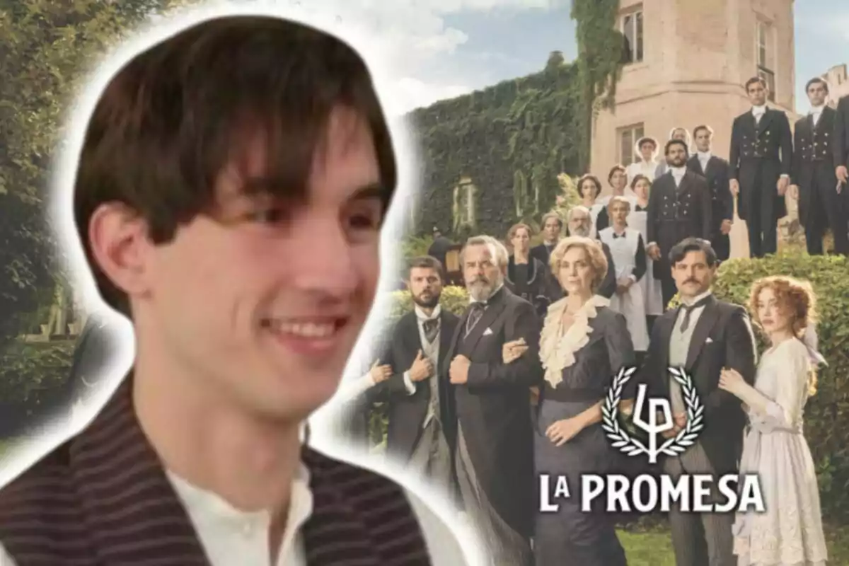 Imatge promocional de la sèrie "La Promesa" amb un primer pla de Mario García somrient i l'elenc principal al fons davant d'una mansió.