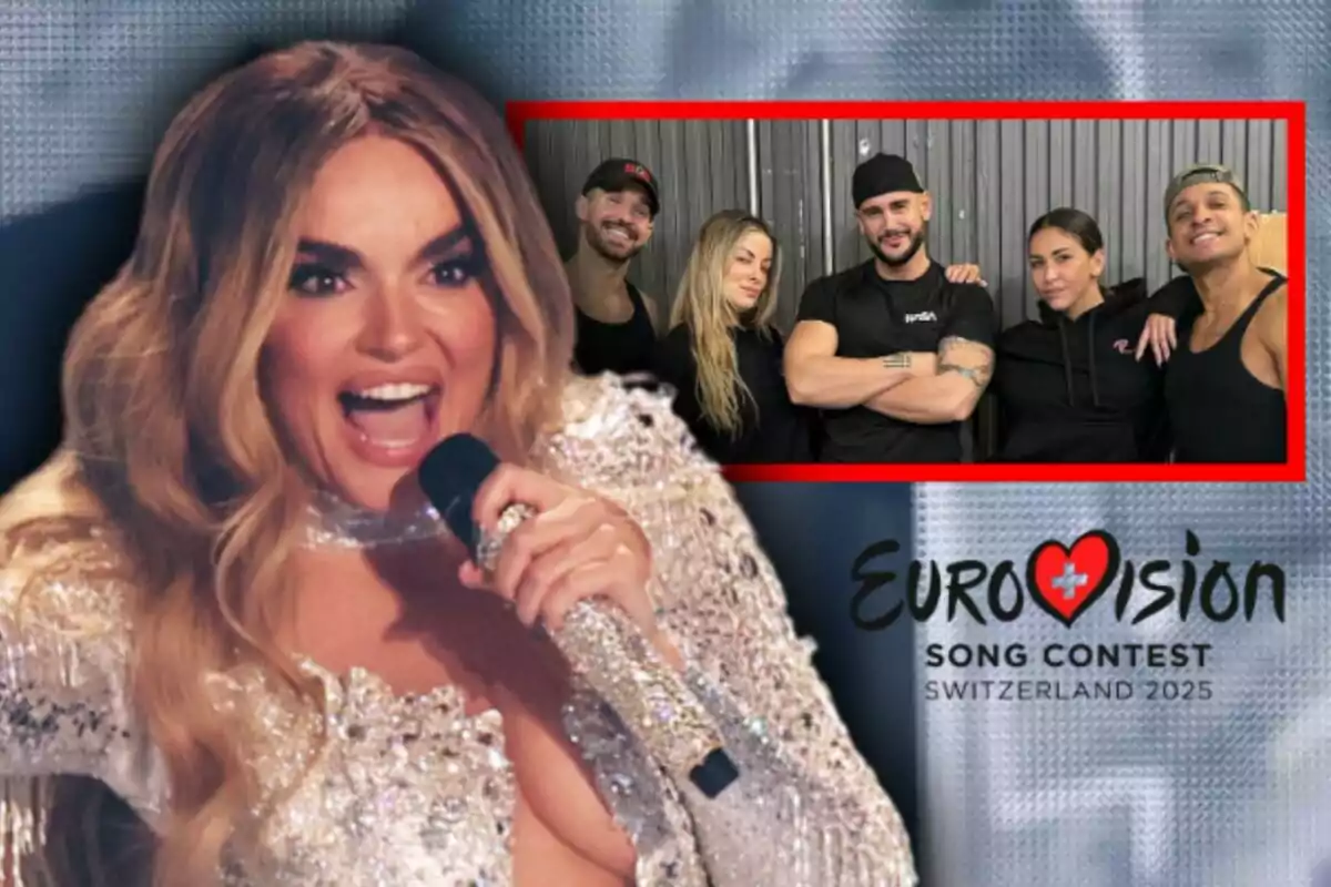Imatge de la Melody amb un vestit brillant sostenint un micròfon, al fons un requadre amb cinc ballarins posant i el logotip d’Eurovision Song Contest Switzerland 2025.
