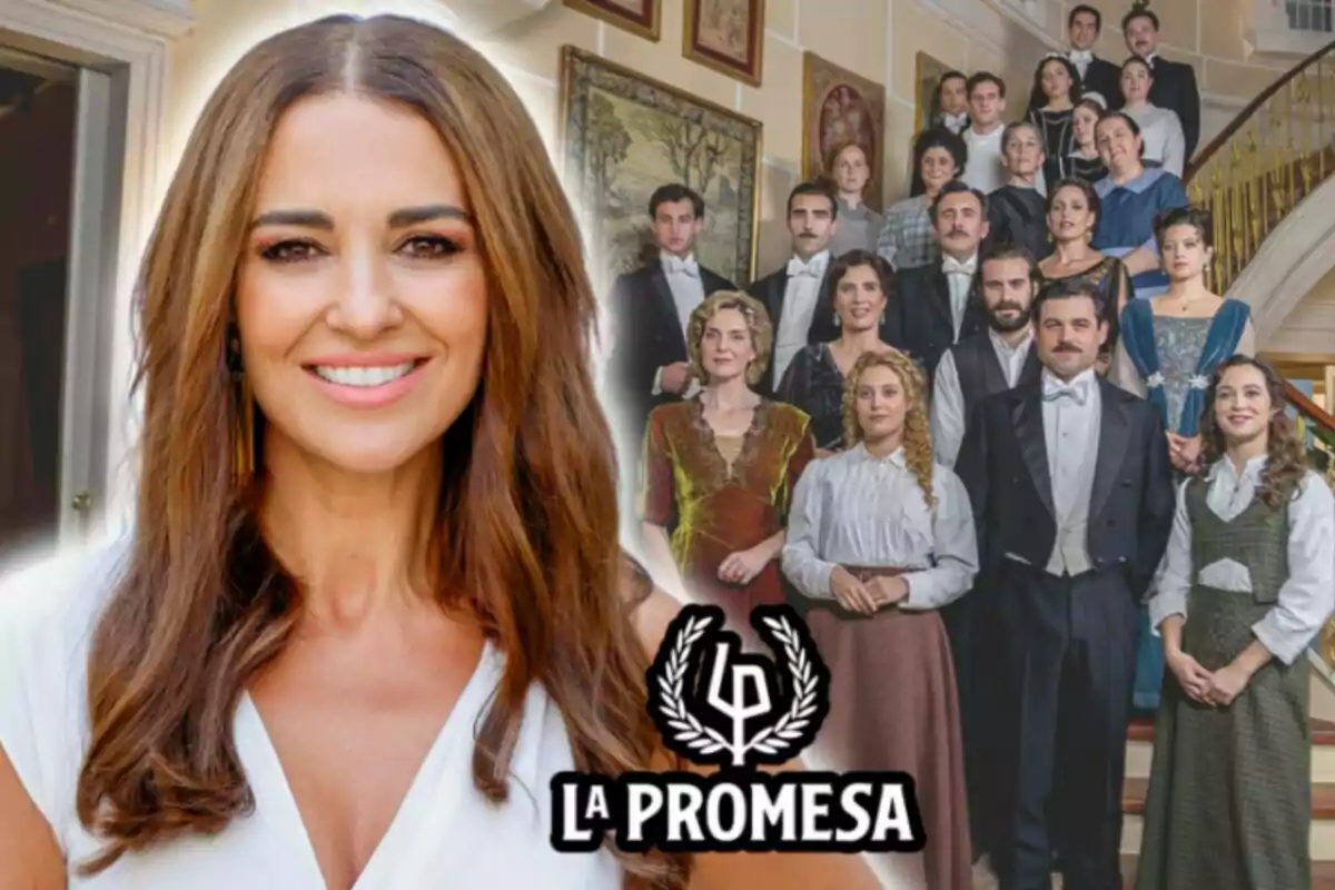 Muntatge de fotos de primer pla de Paula Echevarría somrient i, de fons, un pla general de l'elenc de la sèrie 'La Promesa' de RTVE