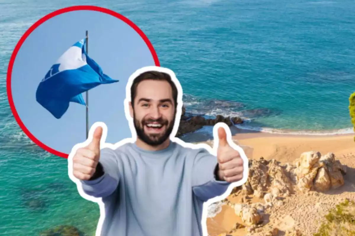 Montage of photos of a general shot of a beach in Gerona and, next to it, an image of a blue flag and a person making a thumbs up gesture Montage of photos of a general shot of a beach in Gerona and, next to it, an image of a blue flag and a person making a thumbs up gesture