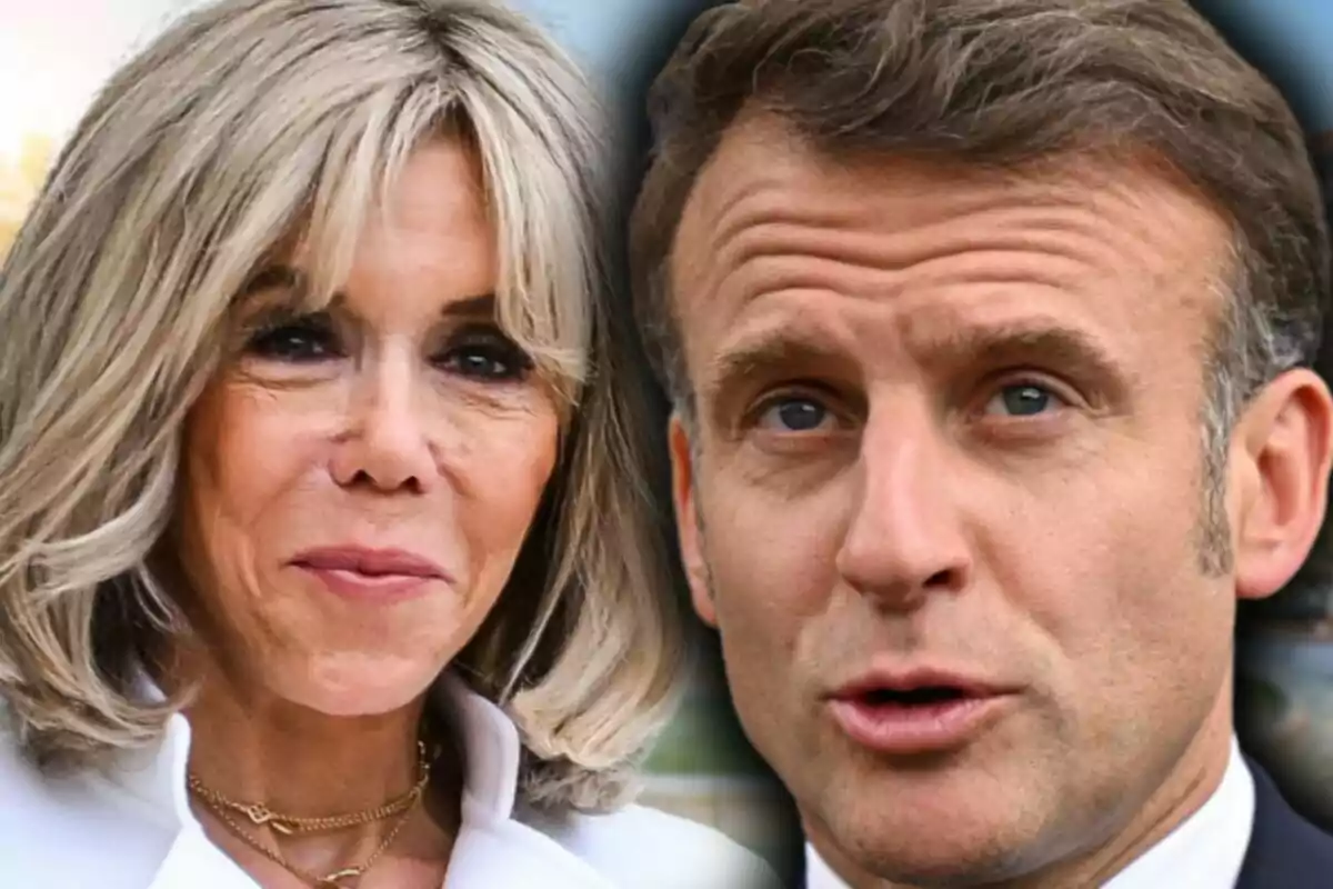 Close-up photo montage of Emmanuel Macron and his wife, Brigitte Macron, both with neutral expressions.