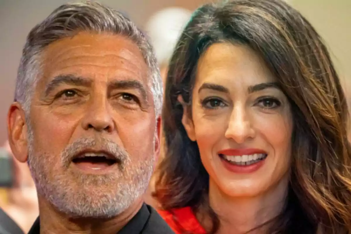 Close-up photo montage of George Clooney with a surprised expression and Amal Clooney smiling.
