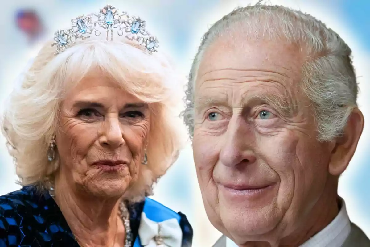 Close-up photo montage of Queen Camilla and her husband, King Charles III.