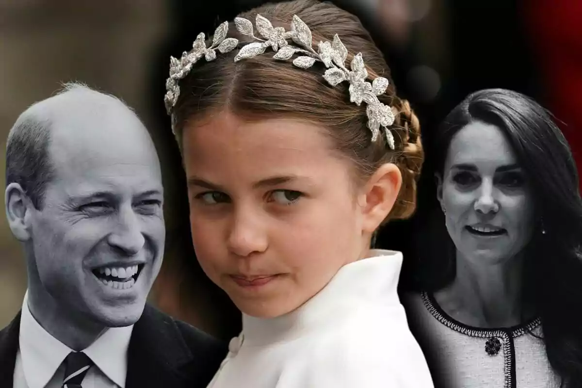 Muntatge de fotos en primer pla de la princesa Charlotte i, al costat, imatges de la Kate Middleton i el príncep Guillem.