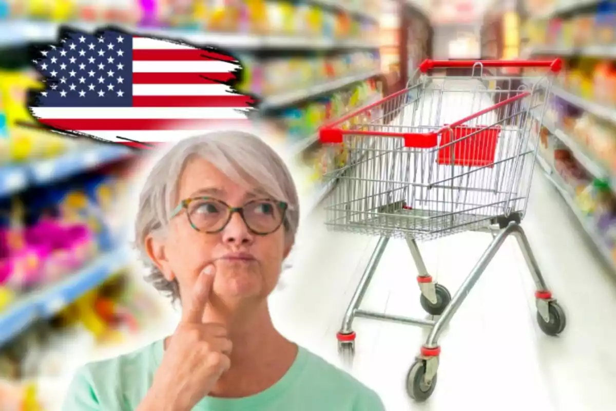 A thoughtful woman with glasses is in a supermarket aisle with a shopping cart and a United States flag in the background.
