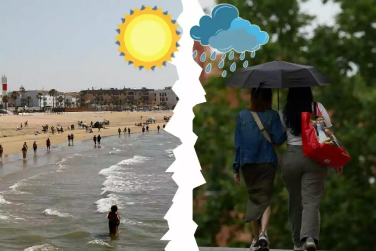 Muntatge de fotos d'una platja amb gent banyant-se i al costat dues persones sota un paraigua mentre plou